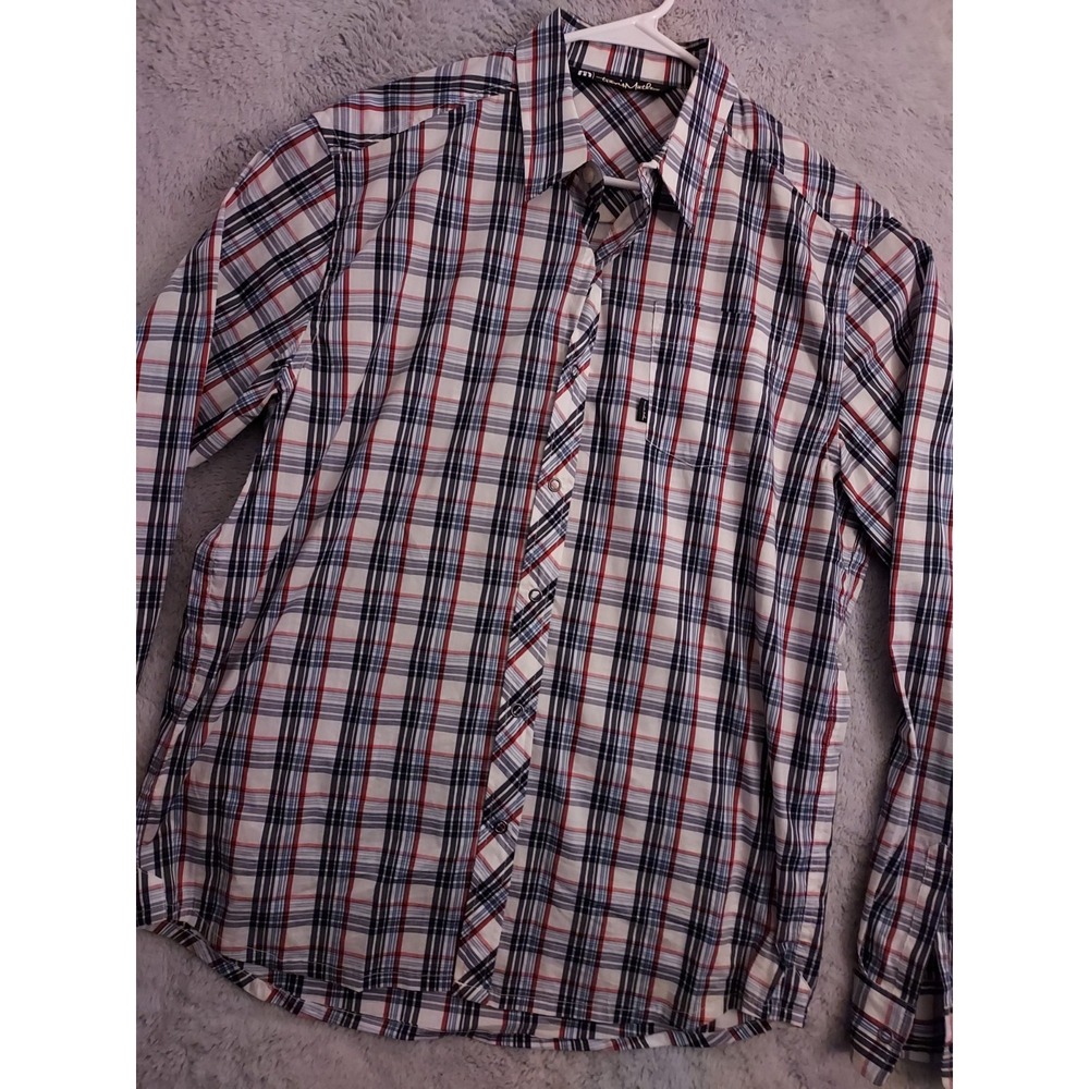 Travis Mathew Shirt Mens Large Snap Button Performance Stretch Plaid Blue Pocket